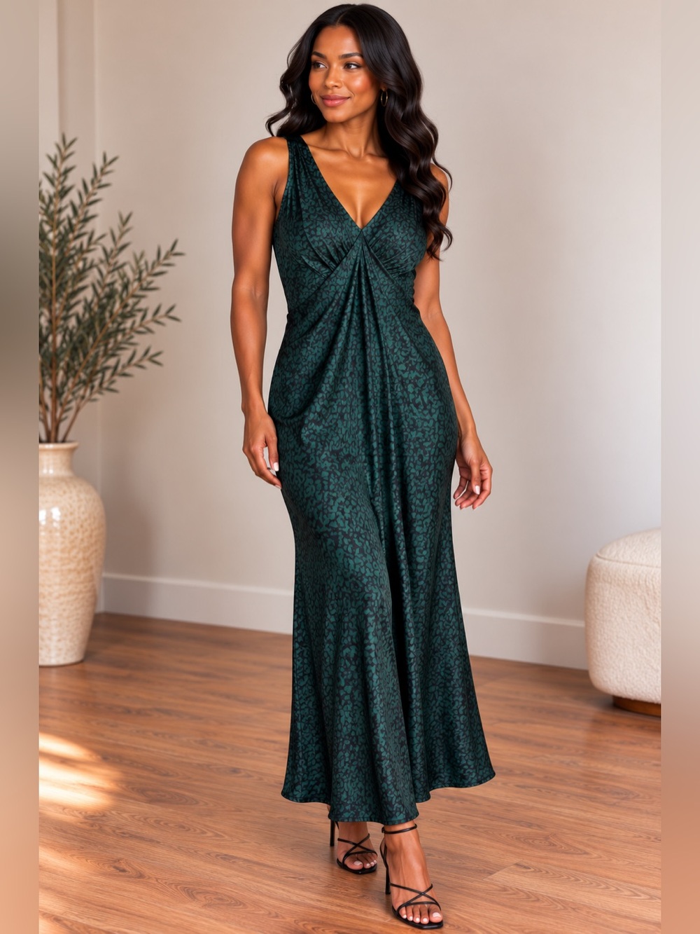 Self Contrast • Emerald Green Animal Print Satin Slip Dress Small